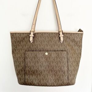Michael‎ Kors Jet Set Snap Pocket Tote Bag Brown Leather Logo Print